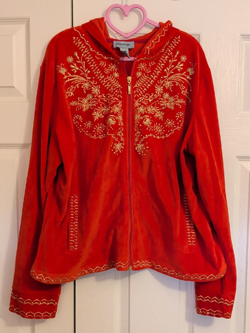 Glitterscape Red Velvet Bomber Jacket with Gold Embroidery